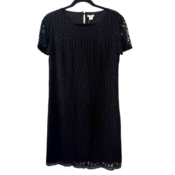 J. Crew Short Sleeve Black Lace Shift Dress Scalloped Hem LBD Size 6 - Picture 4 of 7